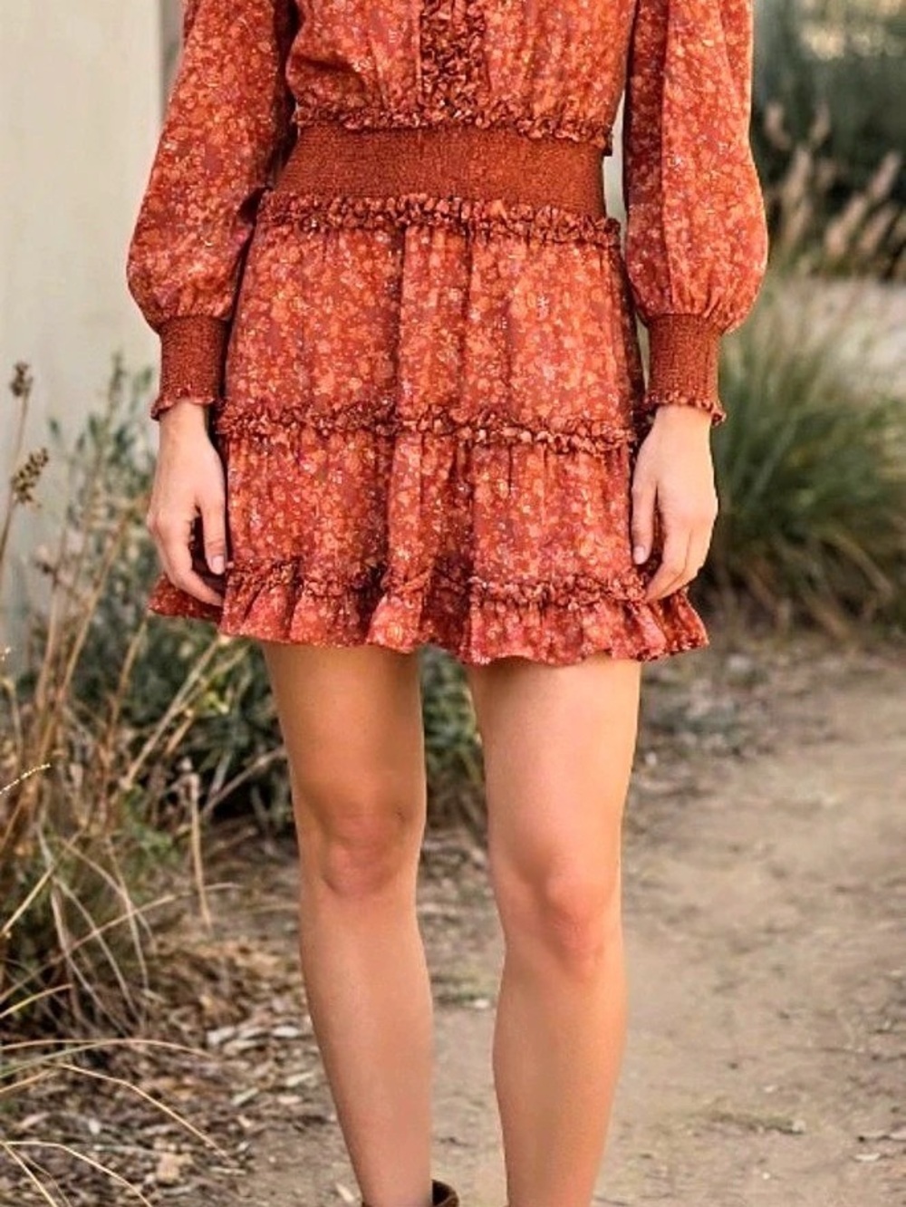 House of Harlow 1960 Wallis Rust Floral Smocked Mini Dress Mini Dress XL